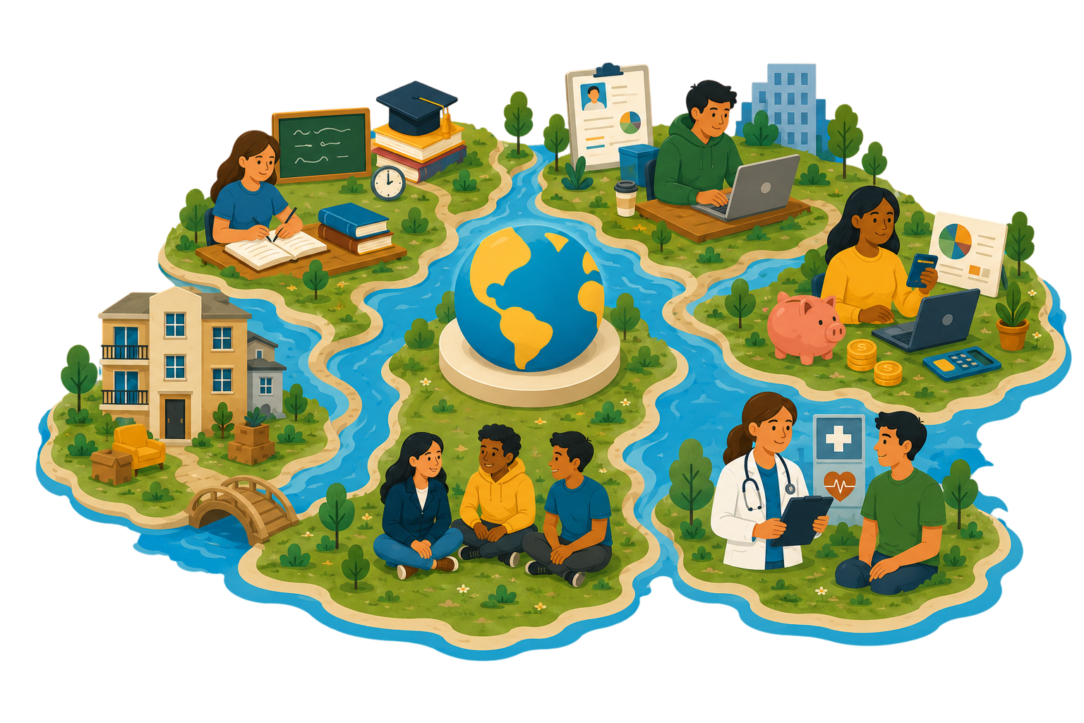 A miniature illustrated WRLD island landscape: winding paths connect scenes for university study, work and resumes, money and budgeting, mental wellness and healthcare, housing, and a group of friends talking together, all surrounding a small globe monument at the center.